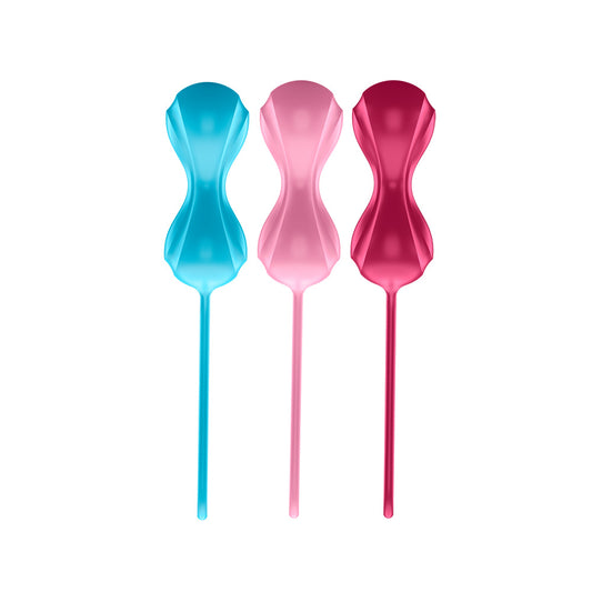 Satisfyer set of three orgasm balls with moving inner beads, for pelvic floor exercise.