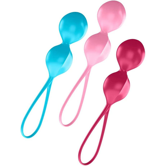 Satisfyer set of three weighted double orgasm training balls, a fun and discreet exerciser.