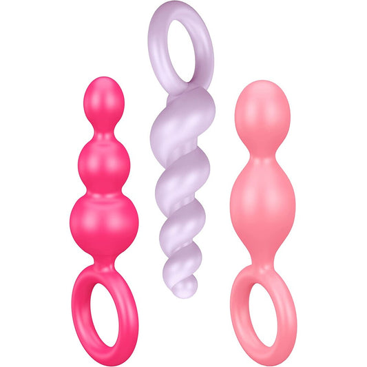 Satisfyer Booty Call set of three multicoloured anal plugs, graduated size for beginners.