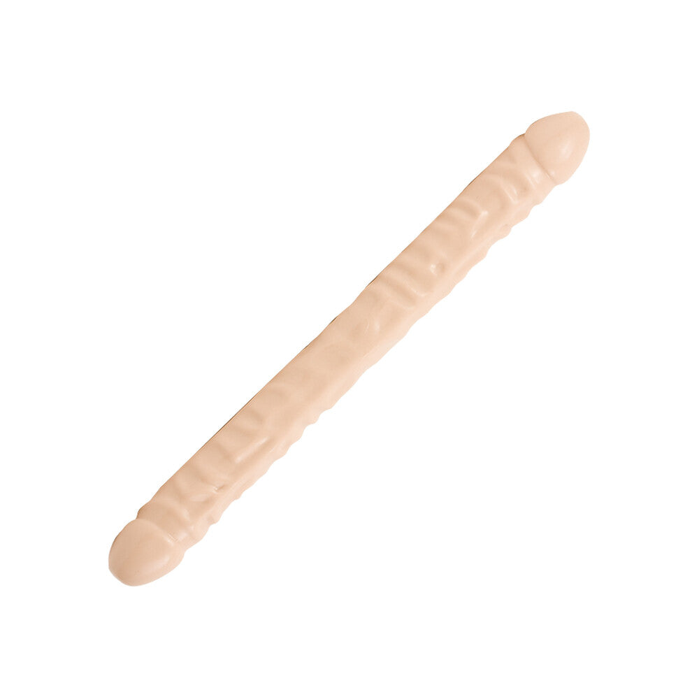 Doc Johnson double-ended dildo, 18 inches, with veined detailing, in a flesh tone.