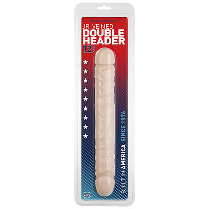 Doc Johnson double ended dildo, veined and realistic, twelve inches long, flesh coloured.