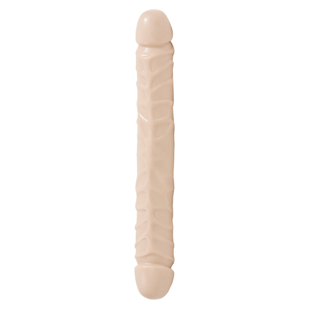 Two-headed, veined dildo in a skin-safe material, twelve inches long, for double penetration fun.