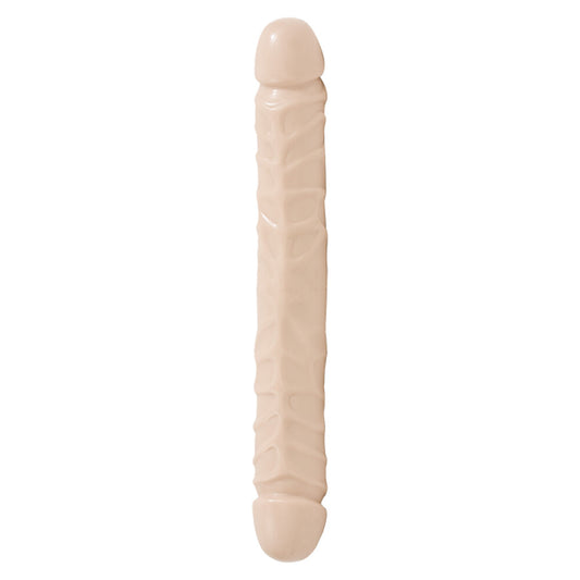 Two-headed, veined dildo in a skin-safe material, twelve inches long, for double penetration fun.
