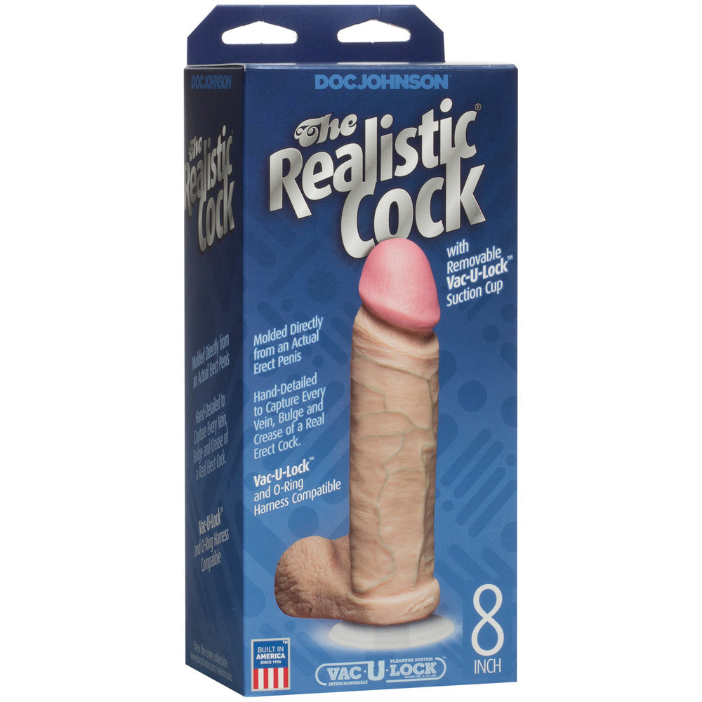 Doc Johnson realistic 8 inch dildo in flesh pink, a textured and lifelike pleasure toy.