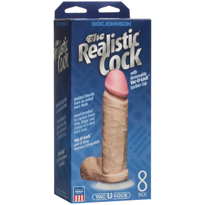 Doc Johnson realistic 8 inch dildo in flesh pink, a textured and lifelike pleasure toy.