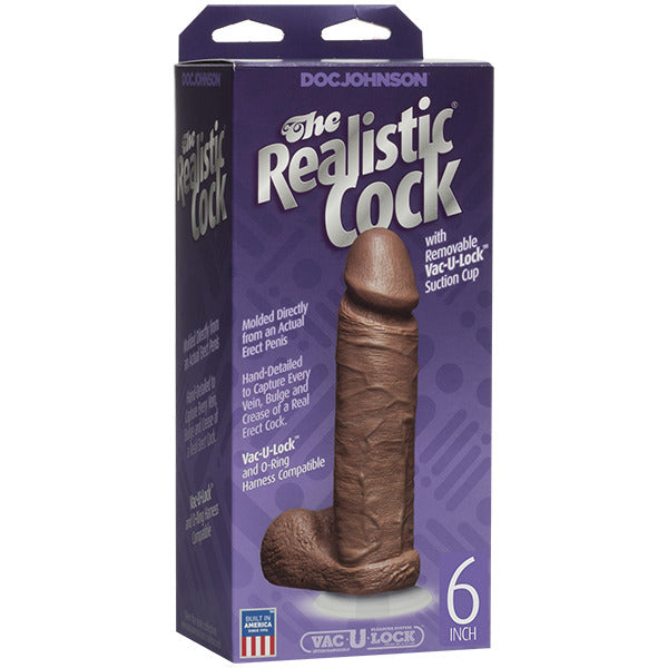 Flesh brown, realistic 6-inch dildo from Doc Johnson, showcasing a lifelike textured finish.