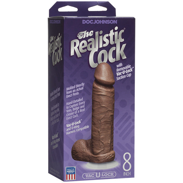 Doc Johnson realistic flesh brown dildo, eight inches long, textured for pleasure.