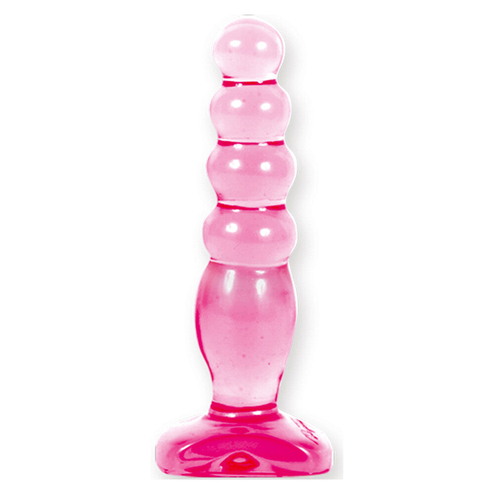 Pink, crystal jelly butt plug from Doc Johnson for anal pleasure, ribbed design.