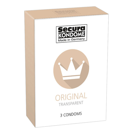 Three secura kondome original transparent condoms, natural latex, for regular safe sex.