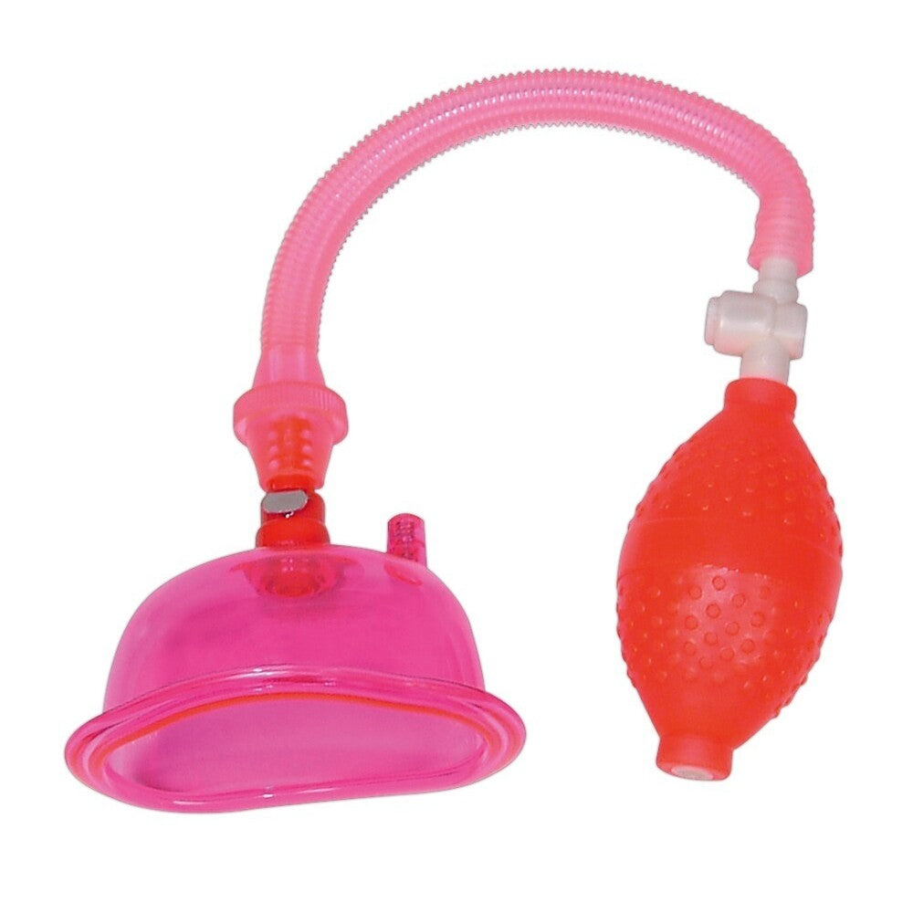 Doc Johnson 'Pussy Pump', a clear plastic female pleasure pump with a flexible hose.