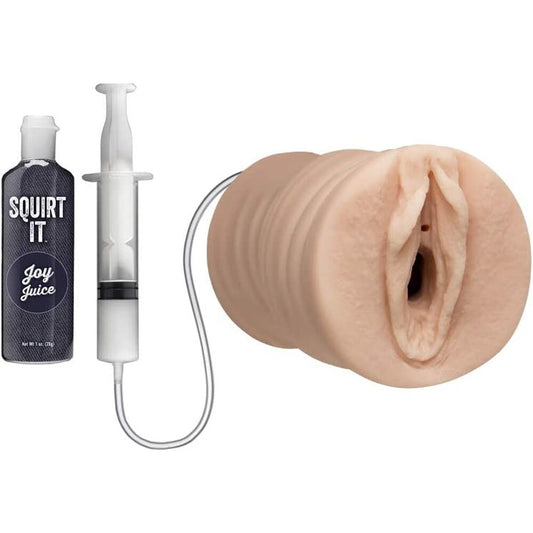 Doc Johnson pussy stroker masturbator with vanilla lubricant, flesh-toned and soft to the touch.