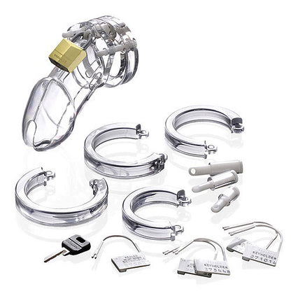 rimba cb6000 male chastity device, silver metal, featuring cage and security lock.