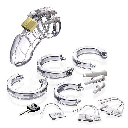 rimba cb6000 male chastity device, silver metal, featuring cage and security lock.