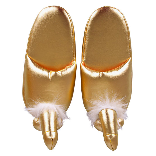 A pair of golden, novelty slippers shaped like penises, ideal for lounging about.