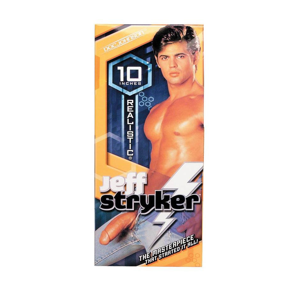 Realistic-looking, 10-inch dildo by Doc Johnson; flesh-toned silicone with prominent veins and detail.