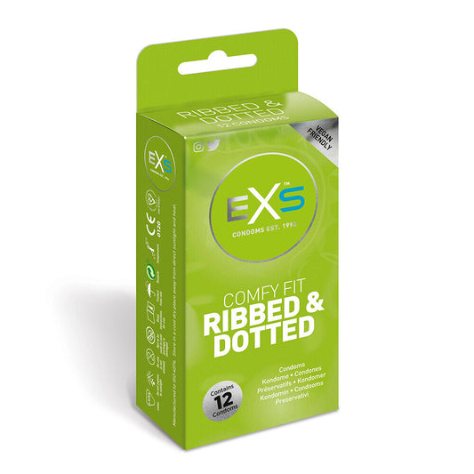 Close-up of exs comfy fit ribbed and dotted condoms packaging, 12 pack visible.