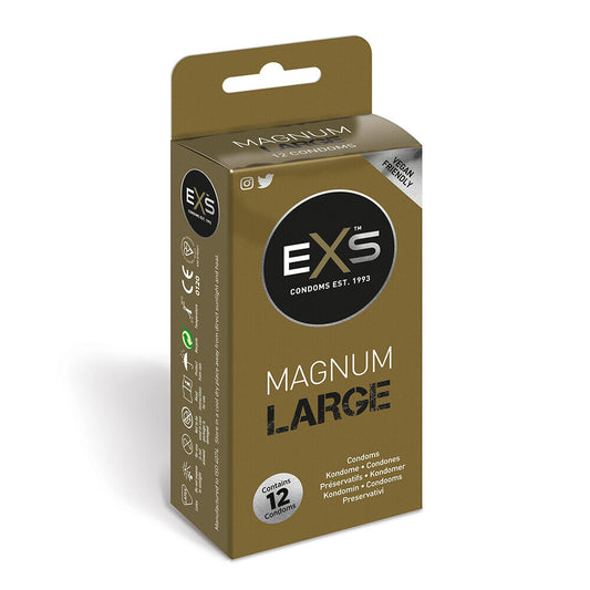 Close-up of an exs magnum large condom twelve pack, ideal for extra comfort and size.