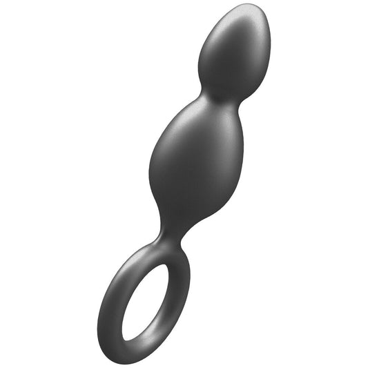 Metallic silicone anal plug with two balls, perfect for erotic play from ToyJoy.