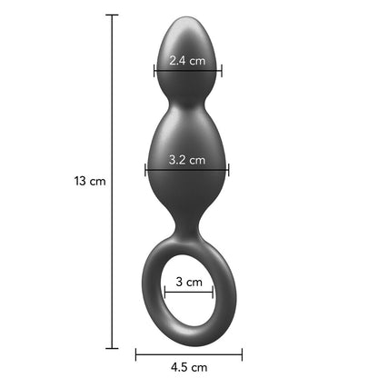 Metallic silver silicone anal plug from toyjoy with two round balls on the stem