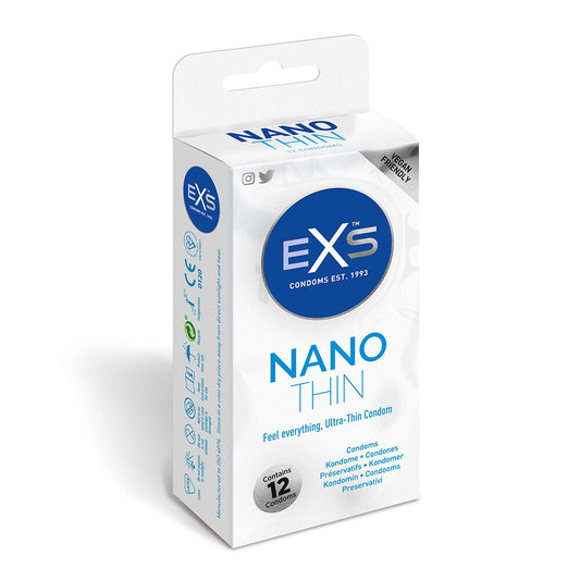 Exs nano thin condoms, a pack of twelve ultra thin latex contraceptives.