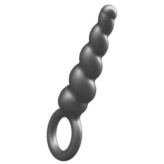 Metallic, screw-threaded silicone butt plug, a shiny silver anal toy for pleasure.