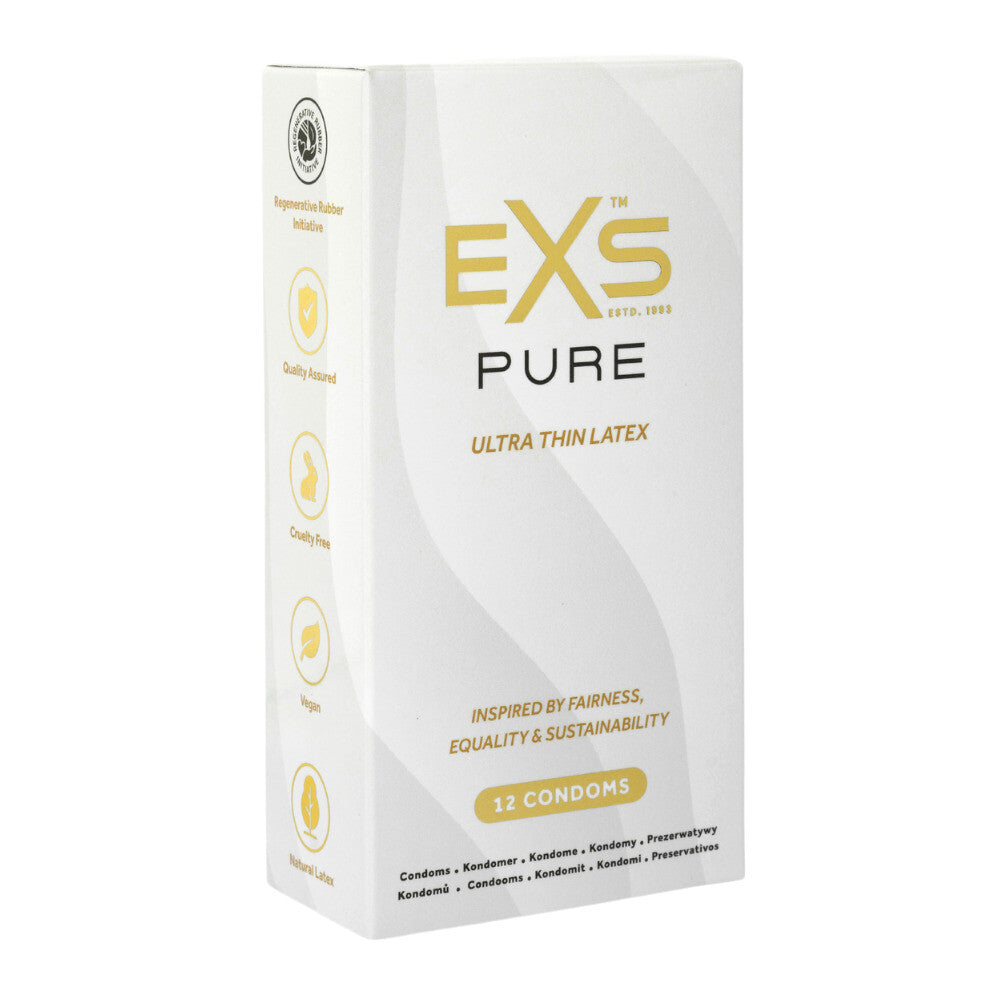 close-up on a twelve-pack of exs pur ultra thin natural latex condoms