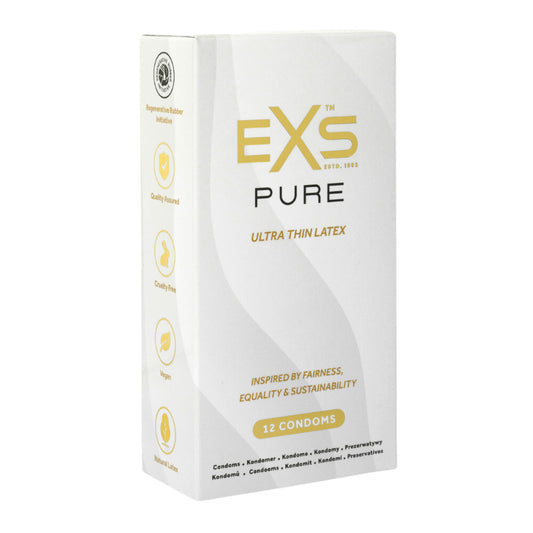 close-up on a twelve-pack of exs pur ultra thin natural latex condoms