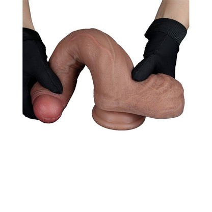 Realistic dual layered silicone dildo, 8.5 inches long, for adult use.