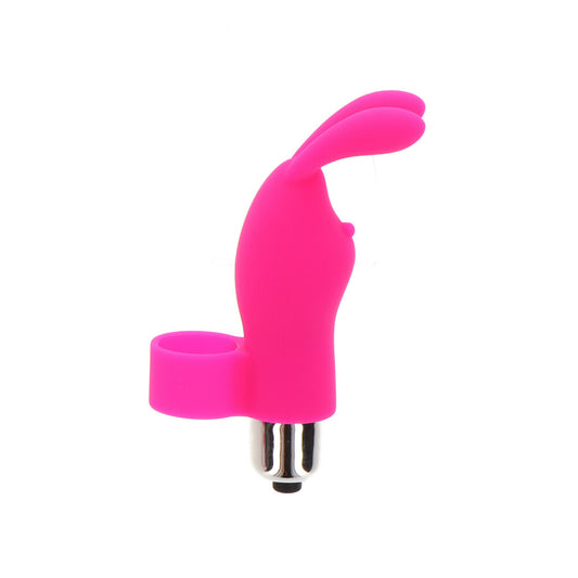 Close-up of a cute, pastel pink bunny-shaped finger vibe, from Toy Joy, for pleasure.