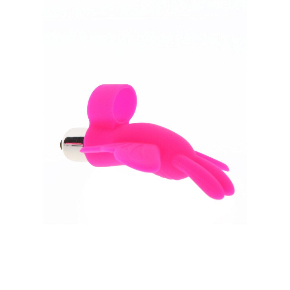 Close-up of the butterfly pleaser finger vibe from toy joy, a purple vibrator.