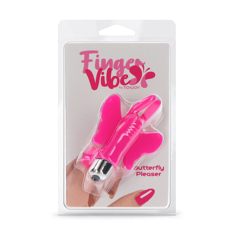 A purple butterfly-shaped finger vibe from Toy Joy, a fun and teasing pleasure toy.