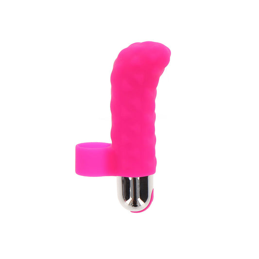 Close-up of a small, purple, rechargeable finger vibrator from toy joy sex toys.