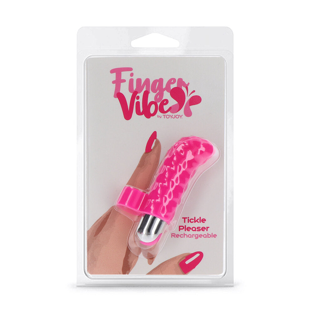 ToyJoy Tickle Pleaser finger vibe in rose pink, a rechargeable pleasure product for tickling.