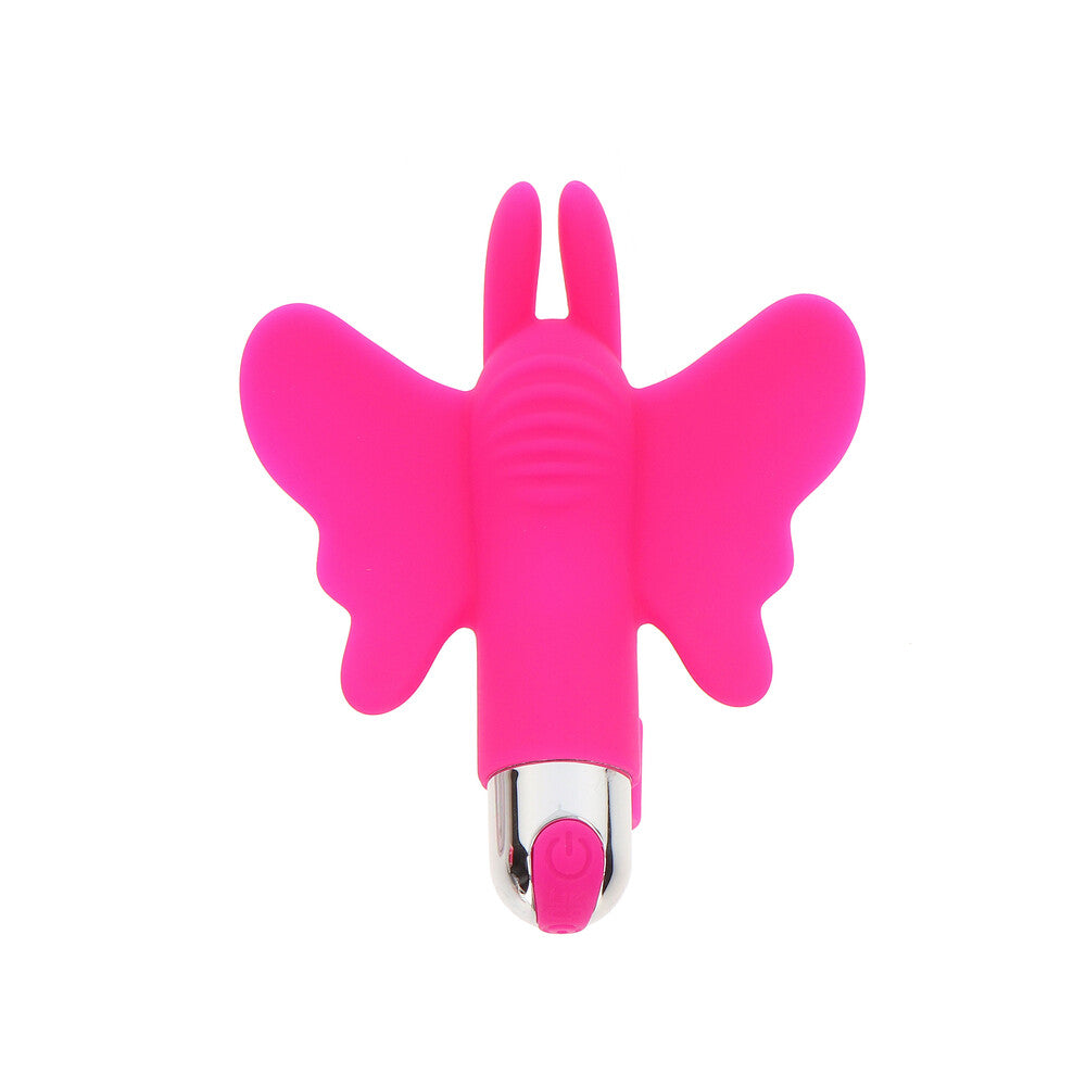 Close-up of the purple toyjoy butterfly pleaser finger vibe, rechargeable and ready for pleasure.