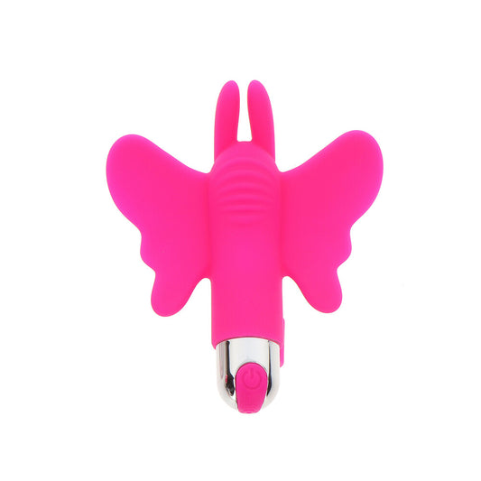 Close-up of the purple toyjoy butterfly pleaser finger vibe, rechargeable and ready for pleasure.