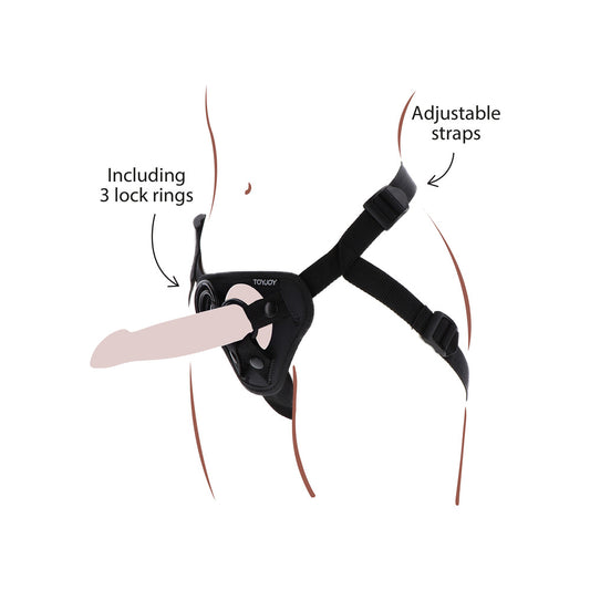 Toy Joy strap-on harness, adjustable black nylon for comfortable and secure use.