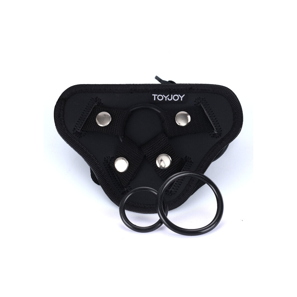 Get Real strap on harness from Toy Joy, adjustable black nylon webbing, metal hardware.