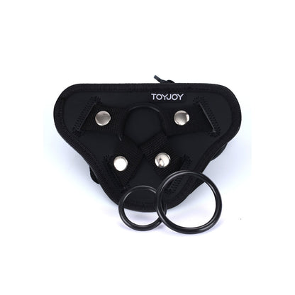 Get Real strap on harness from Toy Joy, adjustable black nylon webbing, metal hardware.