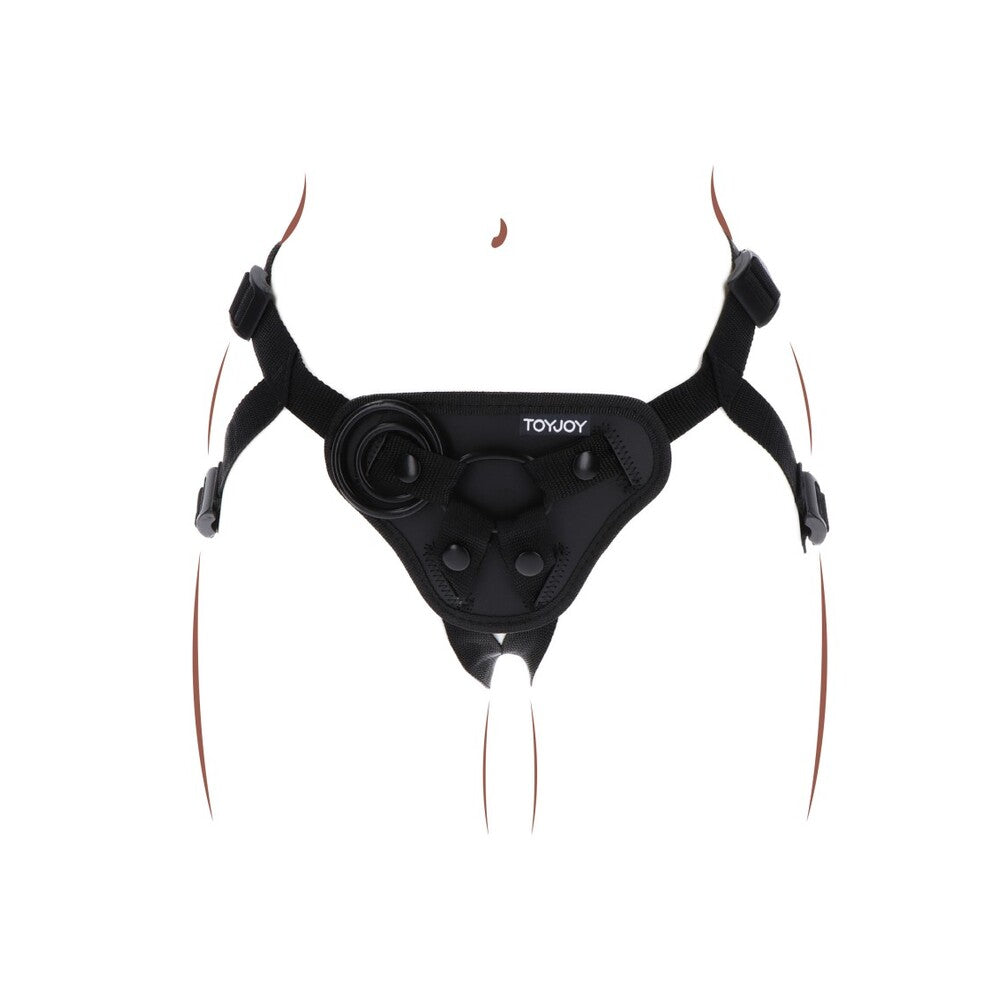 Toy Joy Sex Toys get real strap on harness, black material with adjustable straps.