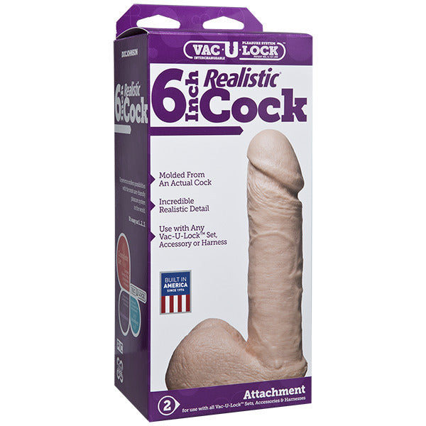 Six-inch realistic dildo attachment in a flesh tone colour, featuring a vac-u-lock suction system.