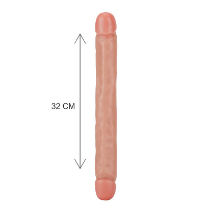 Two-pronged dildo, 12 inches long, smooth finish, for dual vaginal or anal pleasure.