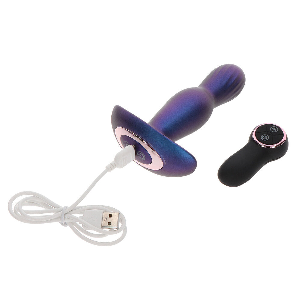 Vibrating inflatable buttplug, stout design, flesh-toned silicone with textured finish, adult sex toy