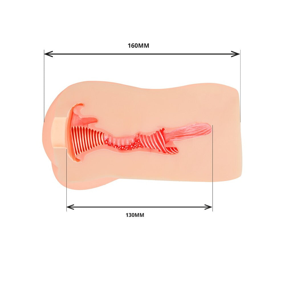 A lifelike female torso masturbator, peach-coloured with a smooth, realistic texture, for adult use.