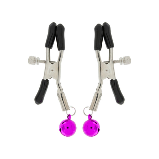 Adjustable nipple clamps in silver metal, a naughty toy for teasing fun.