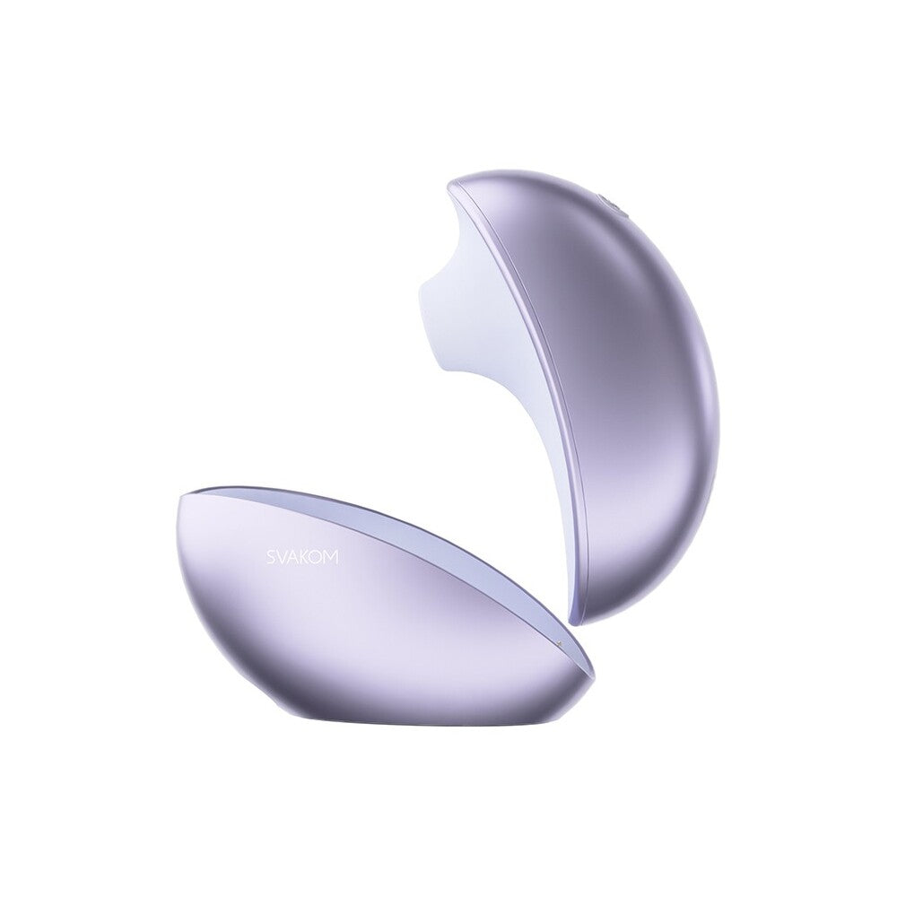 Close-up of a purple and silver svakom pulse clitoral stimulator with app control features.