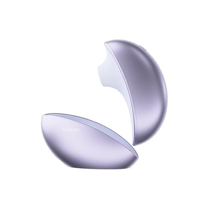 Close-up of a purple and silver svakom pulse clitoral stimulator with app control features.