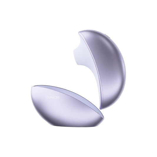 Close-up of a purple and silver svakom pulse clitoral stimulator with app control features.