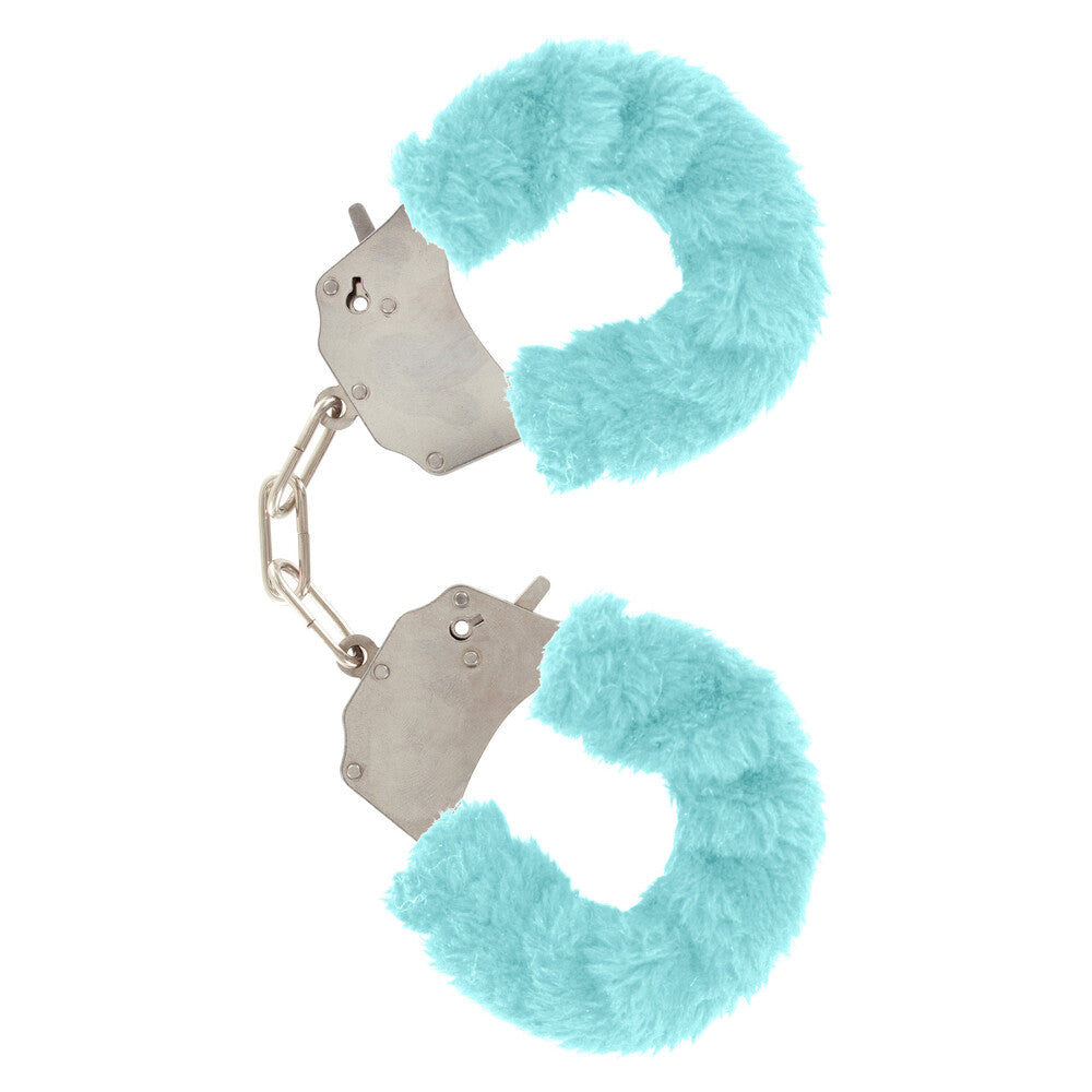Aqua furry wrist restraints for playful fun, a kinky accessory from Toy Joy.