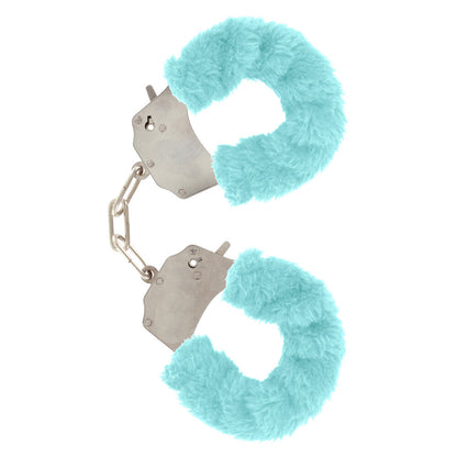 Aqua furry wrist restraints for playful fun, a kinky accessory from Toy Joy.