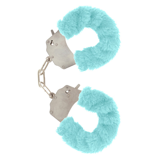 Aqua furry wrist restraints for playful fun, a kinky accessory from Toy Joy.